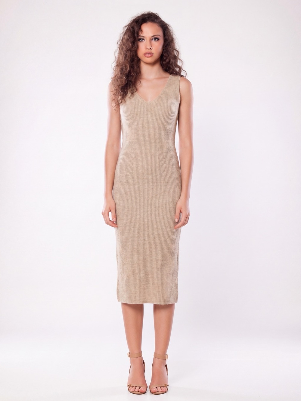 Missing You Already Wool Cashmere Ribbed Knit V-Neck Midi Sweater Dress Beige S